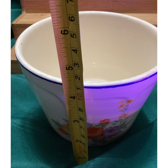 Vintage Bowl Universal Potteries Ovenproof USA White Floral Print Blue Rim MCM - Picture 11 of 13